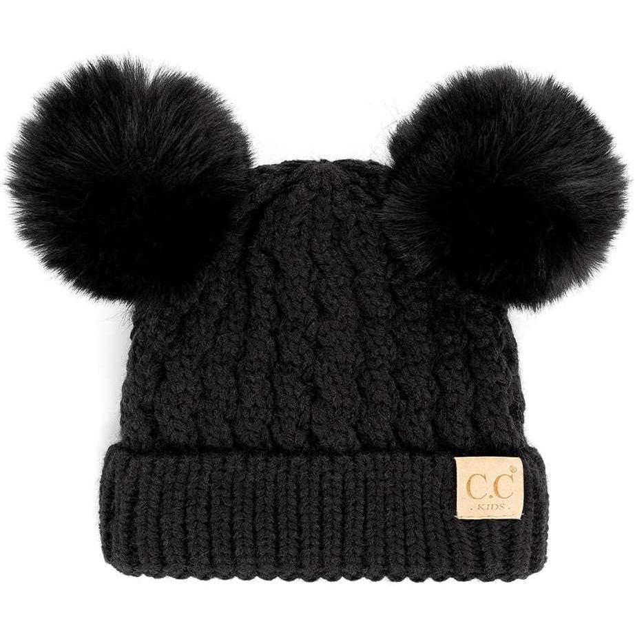 imageCC Kids Cable Knit Double Pom Beanie for Kids  Comfortable Soft Warm Children Youth Skully Hat with PomMatching Faux Fur Pom Black