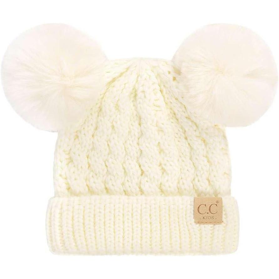 imageCC Kids Cable Knit Double Pom Beanie for Kids  Comfortable Soft Warm Children Youth Skully Hat with PomMatching Faux Fur Pom Ivory