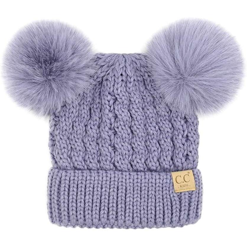 imageCC Kids Cable Knit Double Pom Beanie for Kids  Comfortable Soft Warm Children Youth Skully Hat with PomMatching Faux Fur Pom Lavender