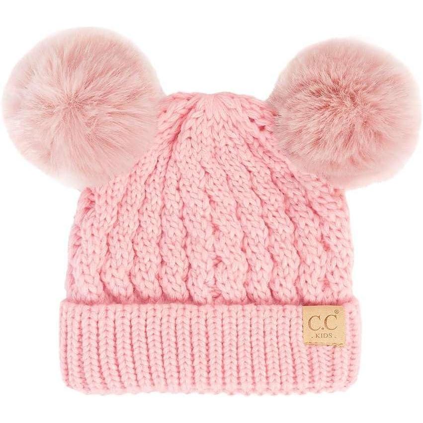 imageCC Kids Cable Knit Double Pom Beanie for Kids  Comfortable Soft Warm Children Youth Skully Hat with PomMatching Faux Fur Pom Pale Pink