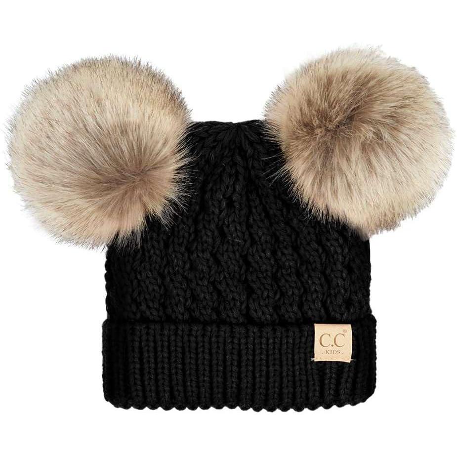 imageCC Kids Cable Knit Double Pom Beanie for Kids  Comfortable Soft Warm Children Youth Skully Hat with PomNatural Faux Fur Pom Black