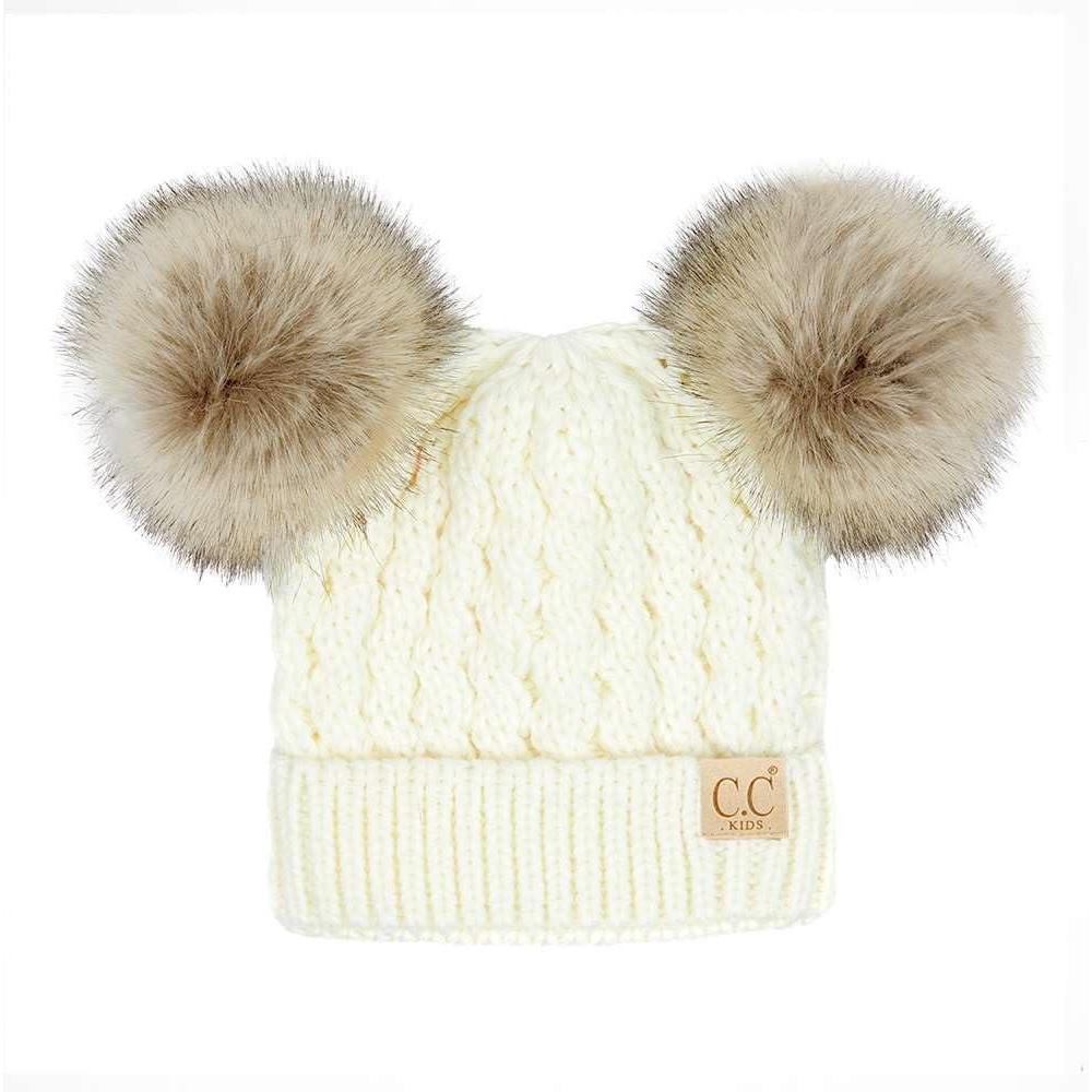 imageCC Kids Cable Knit Double Pom Beanie for Kids  Comfortable Soft Warm Children Youth Skully Hat with PomNatural Faux Fur Pom Ivory