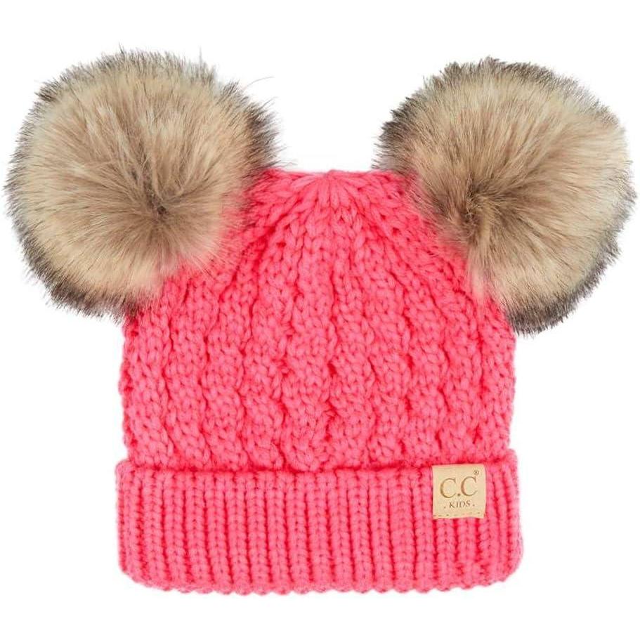 imageCC Kids Cable Knit Double Pom Beanie for Kids  Comfortable Soft Warm Children Youth Skully Hat with PomNatural Faux Fur Pom New Candy Pink