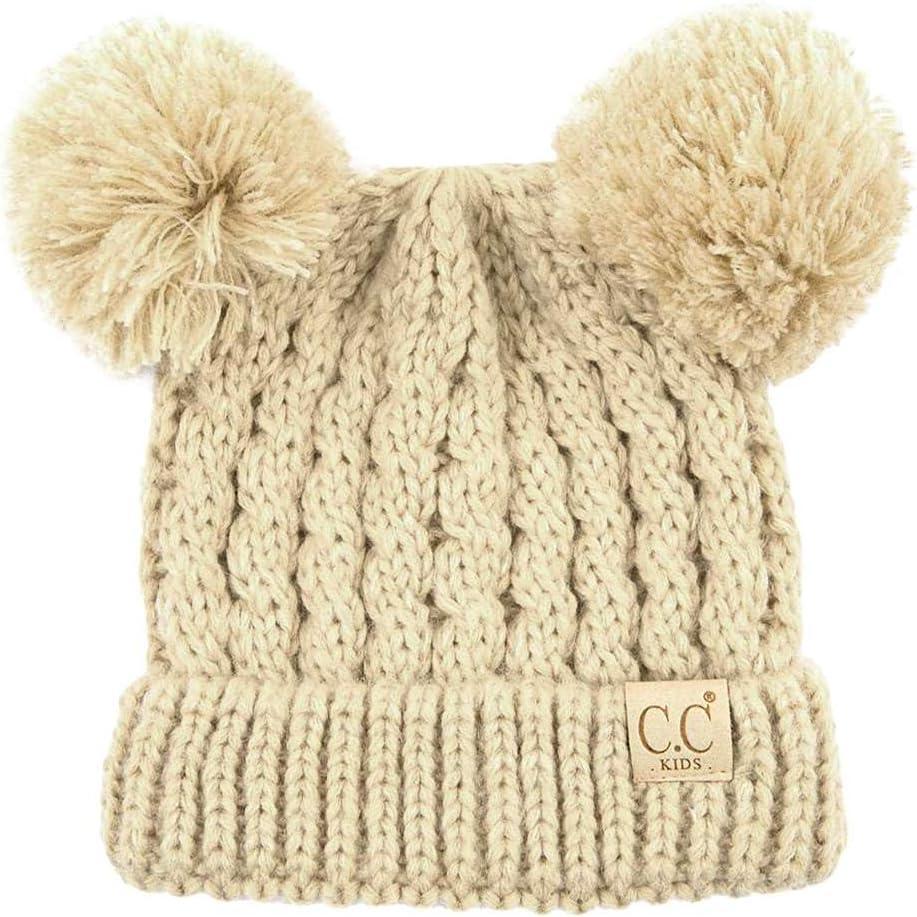 imageCC Kids Cable Knit Double Pom Beanie for Kids  Comfortable Soft Warm Children Youth Skully Hat with PomYarn Pom Beige
