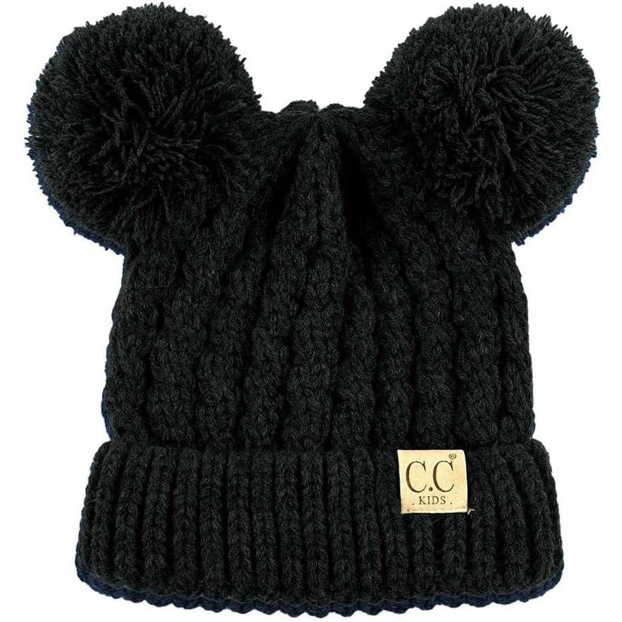 imageCC Kids Cable Knit Double Pom Beanie for Kids  Comfortable Soft Warm Children Youth Skully Hat with PomYarn Pom Black