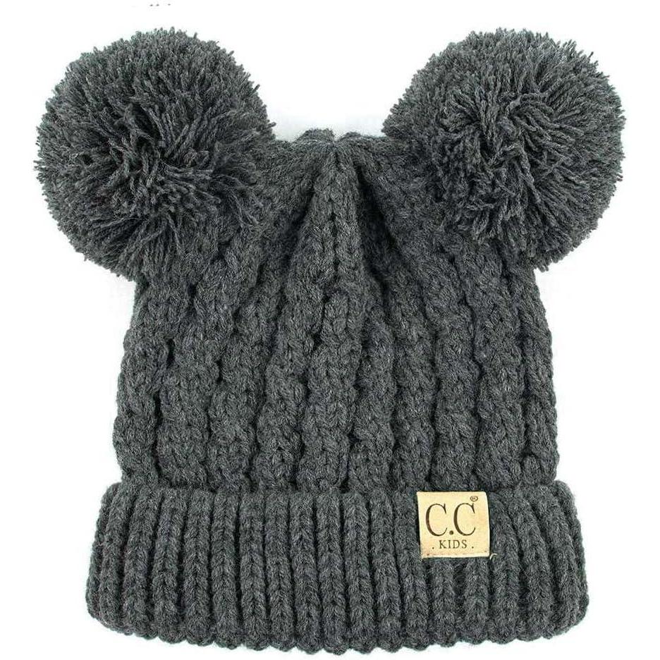 imageCC Kids Cable Knit Double Pom Beanie for Kids  Comfortable Soft Warm Children Youth Skully Hat with PomYarn Pom Dark Melange Gray