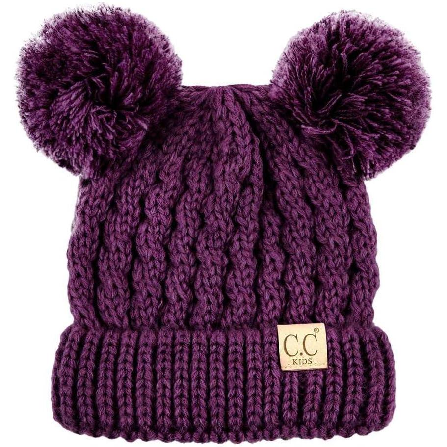 imageCC Kids Cable Knit Double Pom Beanie for Kids  Comfortable Soft Warm Children Youth Skully Hat with PomYarn Pom Dark Purple