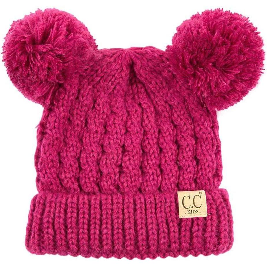 imageCC Kids Cable Knit Double Pom Beanie for Kids  Comfortable Soft Warm Children Youth Skully Hat with PomYarn Pom Hot Pink