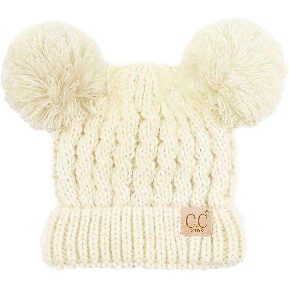 imageCC Kids Cable Knit Double Pom Beanie for Kids  Comfortable Soft Warm Children Youth Skully Hat with PomYarn Pom Ivory