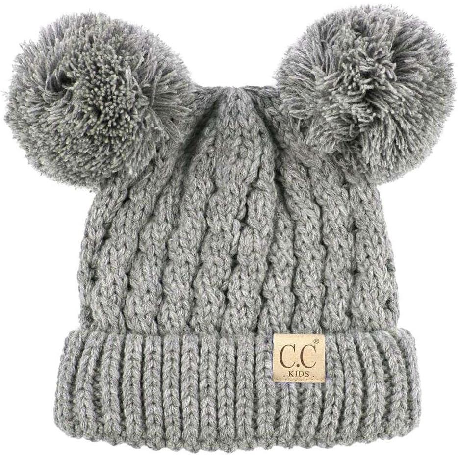 imageCC Kids Cable Knit Double Pom Beanie for Kids  Comfortable Soft Warm Children Youth Skully Hat with PomYarn Pom Light Melange Gray