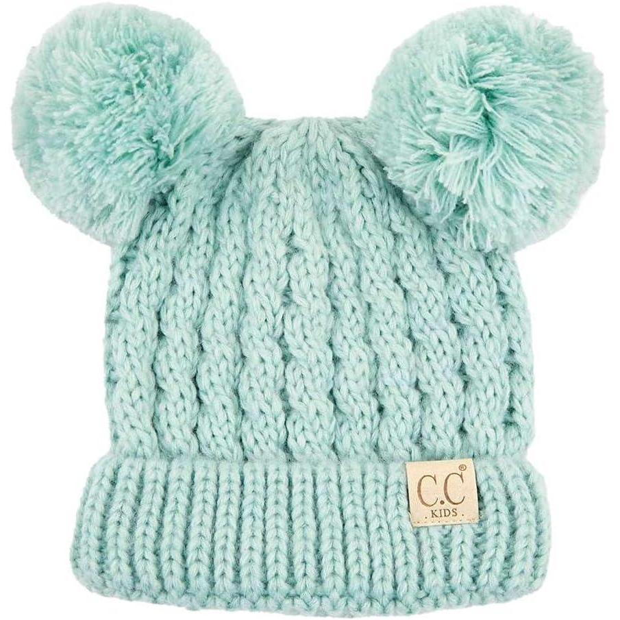 imageCC Kids Cable Knit Double Pom Beanie for Kids  Comfortable Soft Warm Children Youth Skully Hat with PomYarn Pom Mint