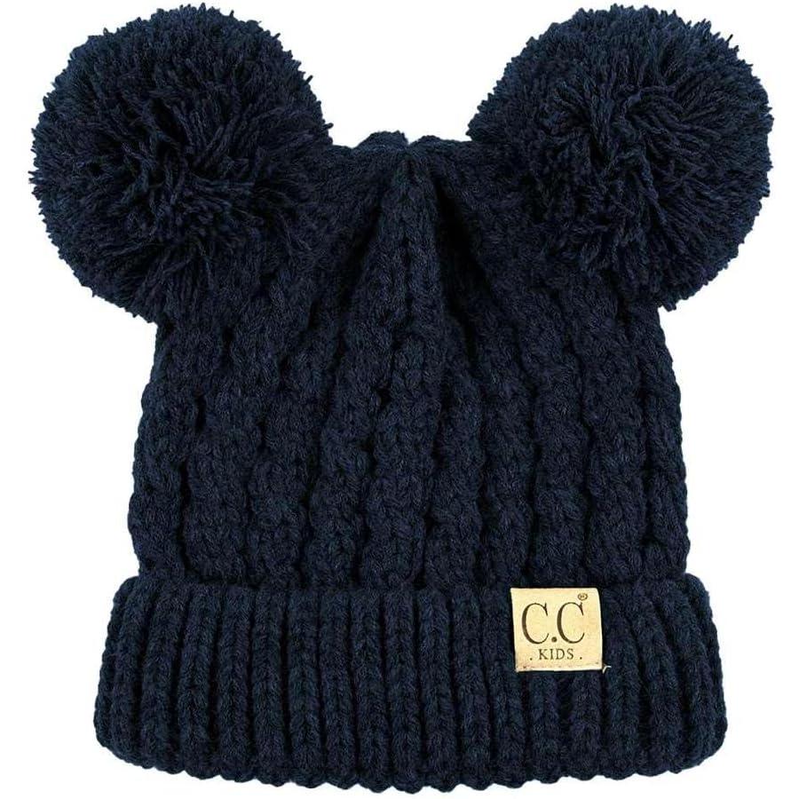 imageCC Kids Cable Knit Double Pom Beanie for Kids  Comfortable Soft Warm Children Youth Skully Hat with PomYarn Pom Navy