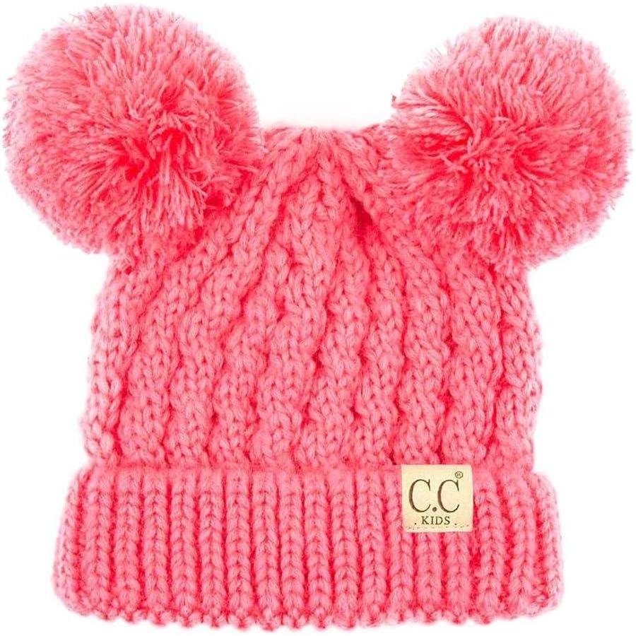 imageCC Kids Cable Knit Double Pom Beanie for Kids  Comfortable Soft Warm Children Youth Skully Hat with PomYarn Pom New Candy Pink