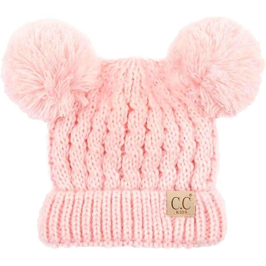 imageCC Kids Cable Knit Double Pom Beanie for Kids  Comfortable Soft Warm Children Youth Skully Hat with PomYarn Pom Pale Pink