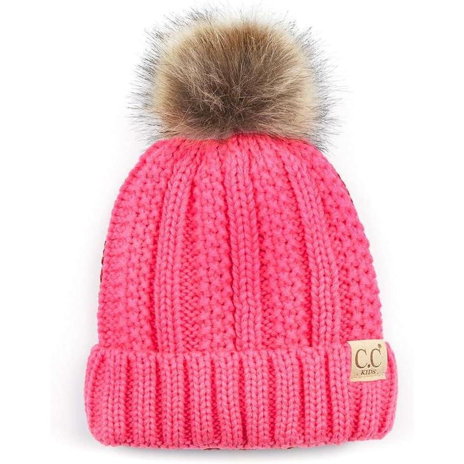 imageCC Kids Childrens Cable Knit Faux Fuzzy Fur Pom Fleece Lined Cuff BeanieCandy Pink