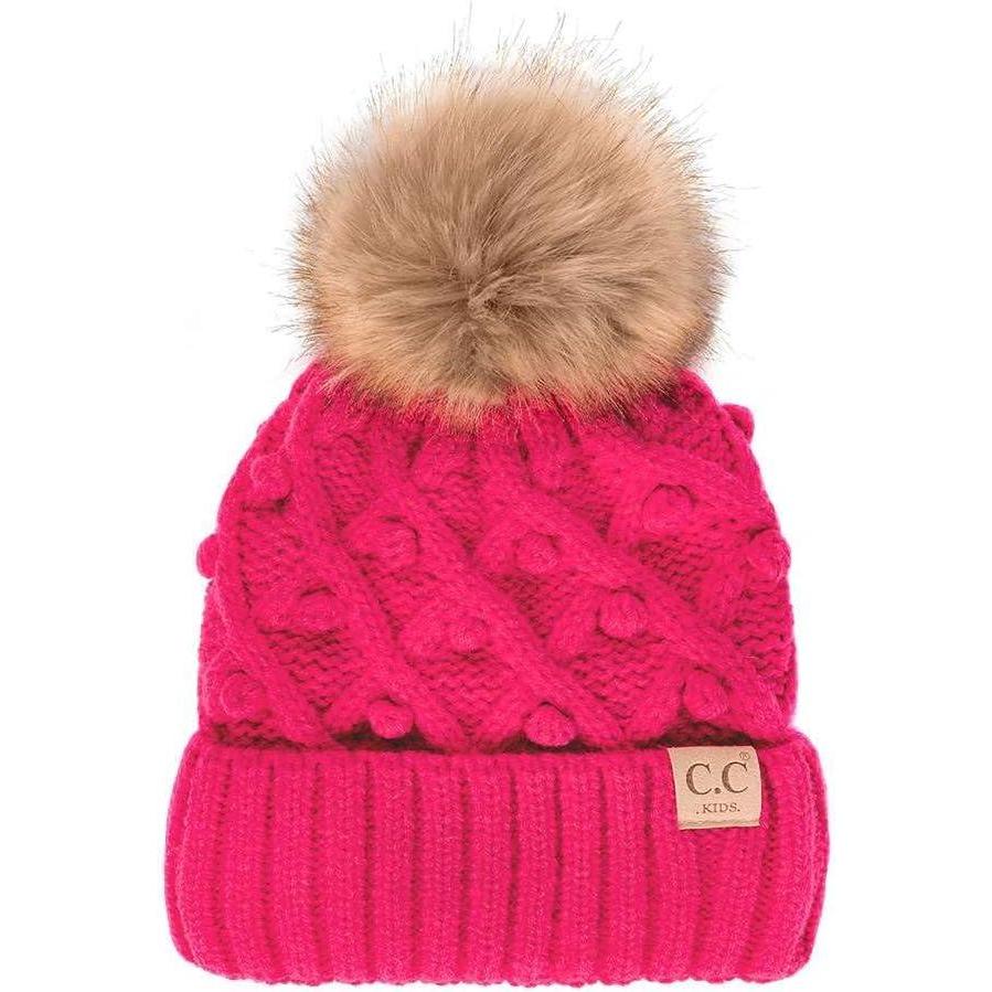 imageCC Kids Childrens Cable Knit Faux Fuzzy Fur Pom Fleece Lined Cuff BeanieHandmade Bobble  Candy Pink