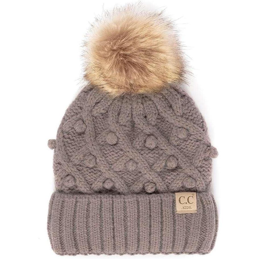 imageCC Kids Childrens Cable Knit Faux Fuzzy Fur Pom Fleece Lined Cuff BeanieHandmade Bobble  City Gray