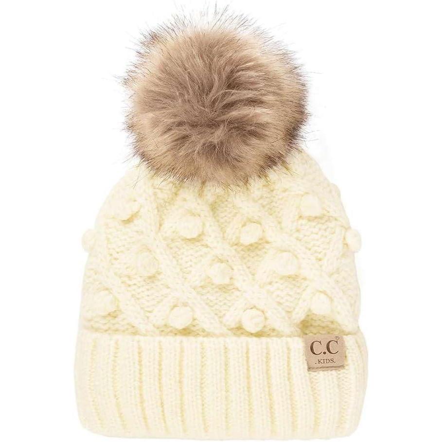 imageCC Kids Childrens Cable Knit Faux Fuzzy Fur Pom Fleece Lined Cuff BeanieHandmade Bobble  Ivory