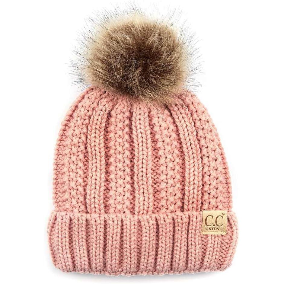 imageCC Kids Childrens Cable Knit Faux Fuzzy Fur Pom Fleece Lined Cuff BeanieIndi Pink