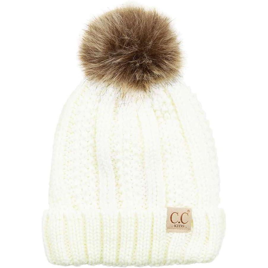 imageCC Kids Childrens Cable Knit Faux Fuzzy Fur Pom Fleece Lined Cuff BeanieIvory