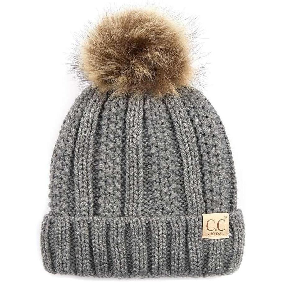imageCC Kids Childrens Cable Knit Faux Fuzzy Fur Pom Fleece Lined Cuff BeanieLight Melange Gray