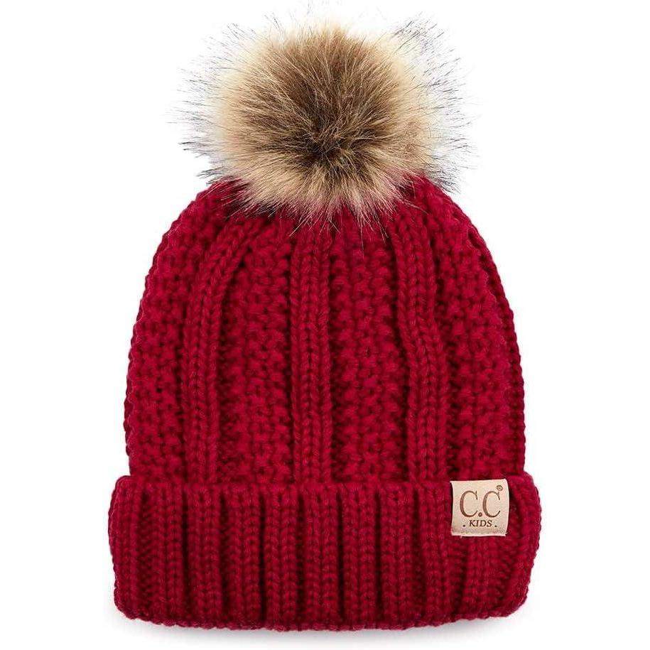 imageCC Kids Childrens Cable Knit Faux Fuzzy Fur Pom Fleece Lined Cuff BeanieRed