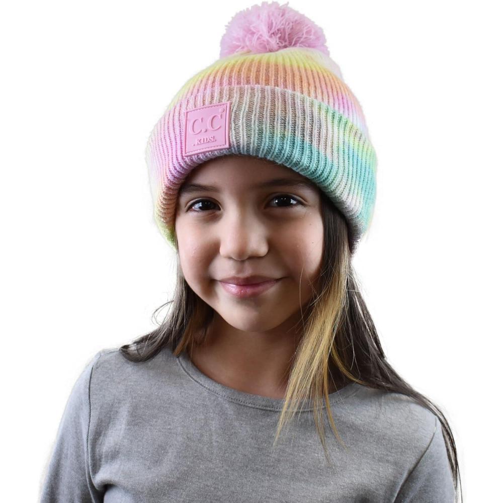 imageCC Kids Childrens Winter Thick Knit Tie Dye Pom Cuff BeanieCotton Candy