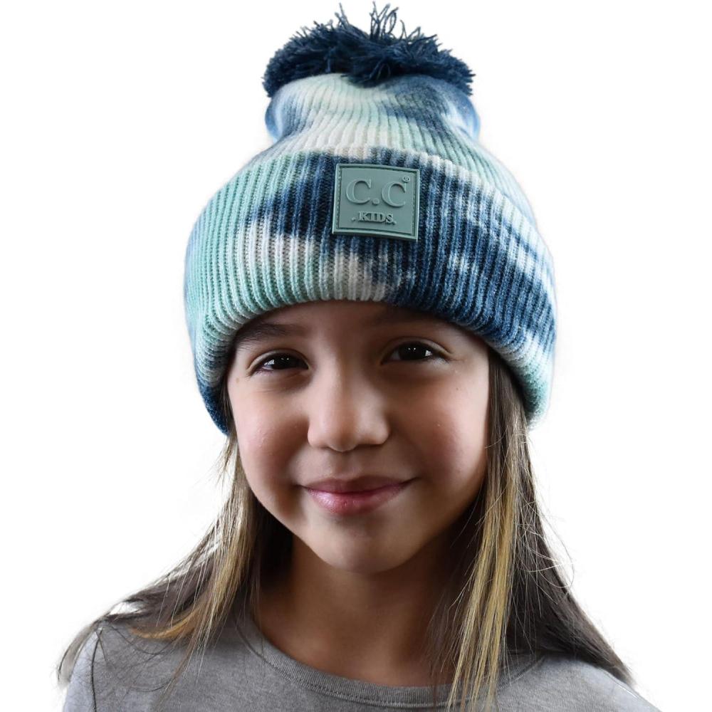 imageCC Kids Childrens Winter Thick Knit Tie Dye Pom Cuff BeanieDeep TealSeagreen
