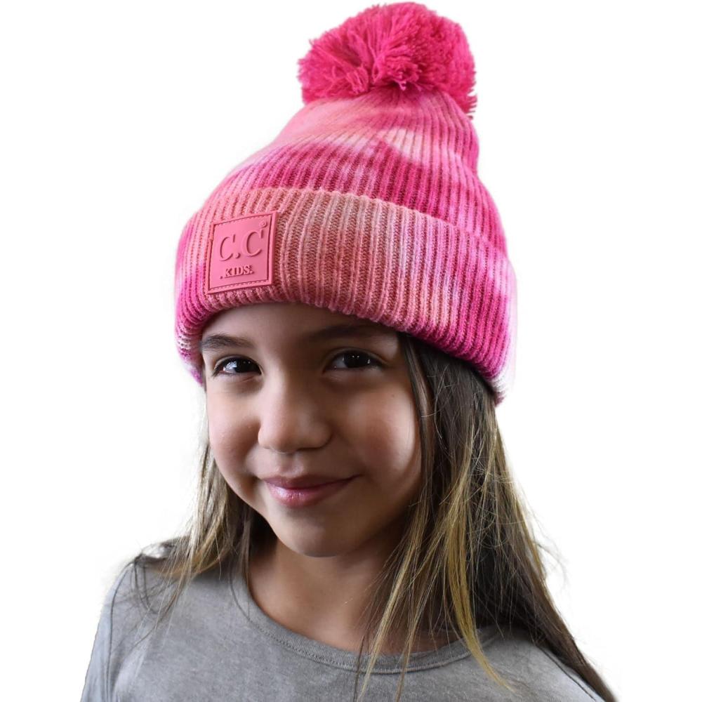 imageCC Kids Childrens Winter Thick Knit Tie Dye Pom Cuff BeanieFuchsiaPink