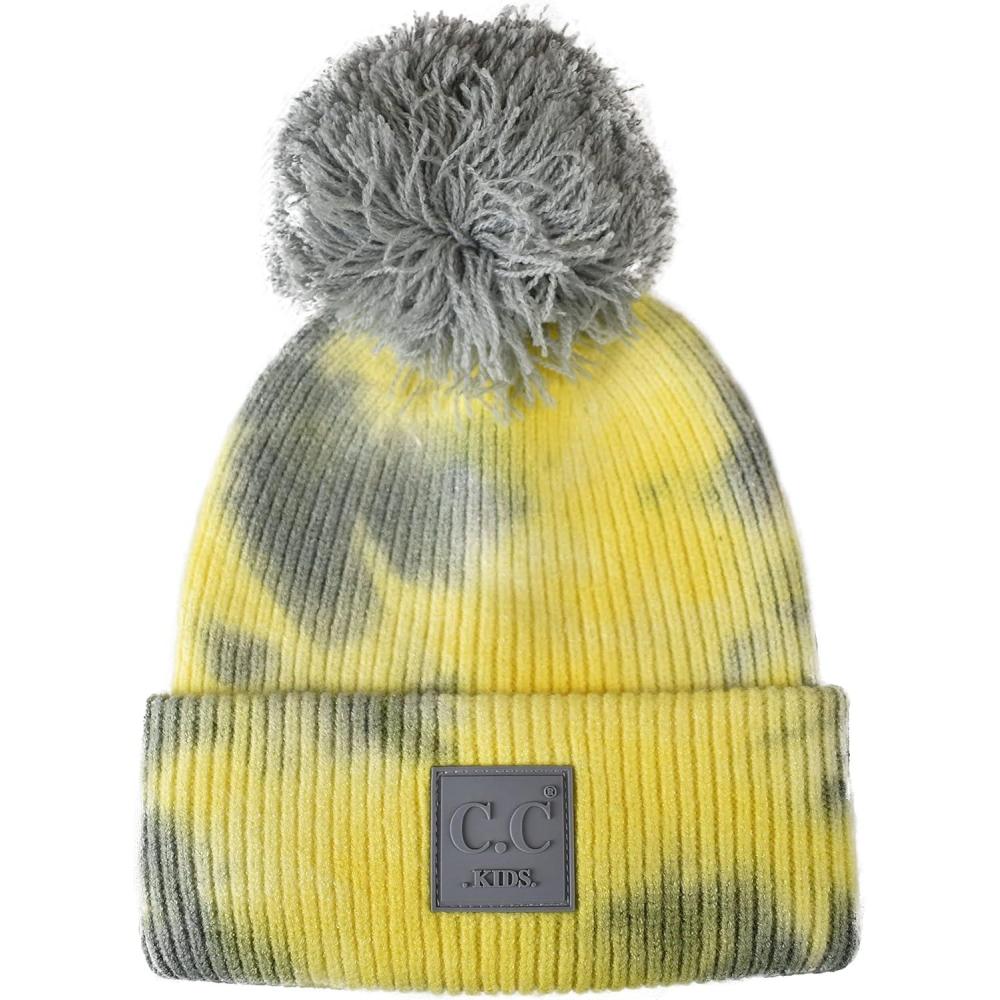 imageCC Kids Childrens Winter Thick Knit Tie Dye Pom Cuff BeanieGrayYellow
