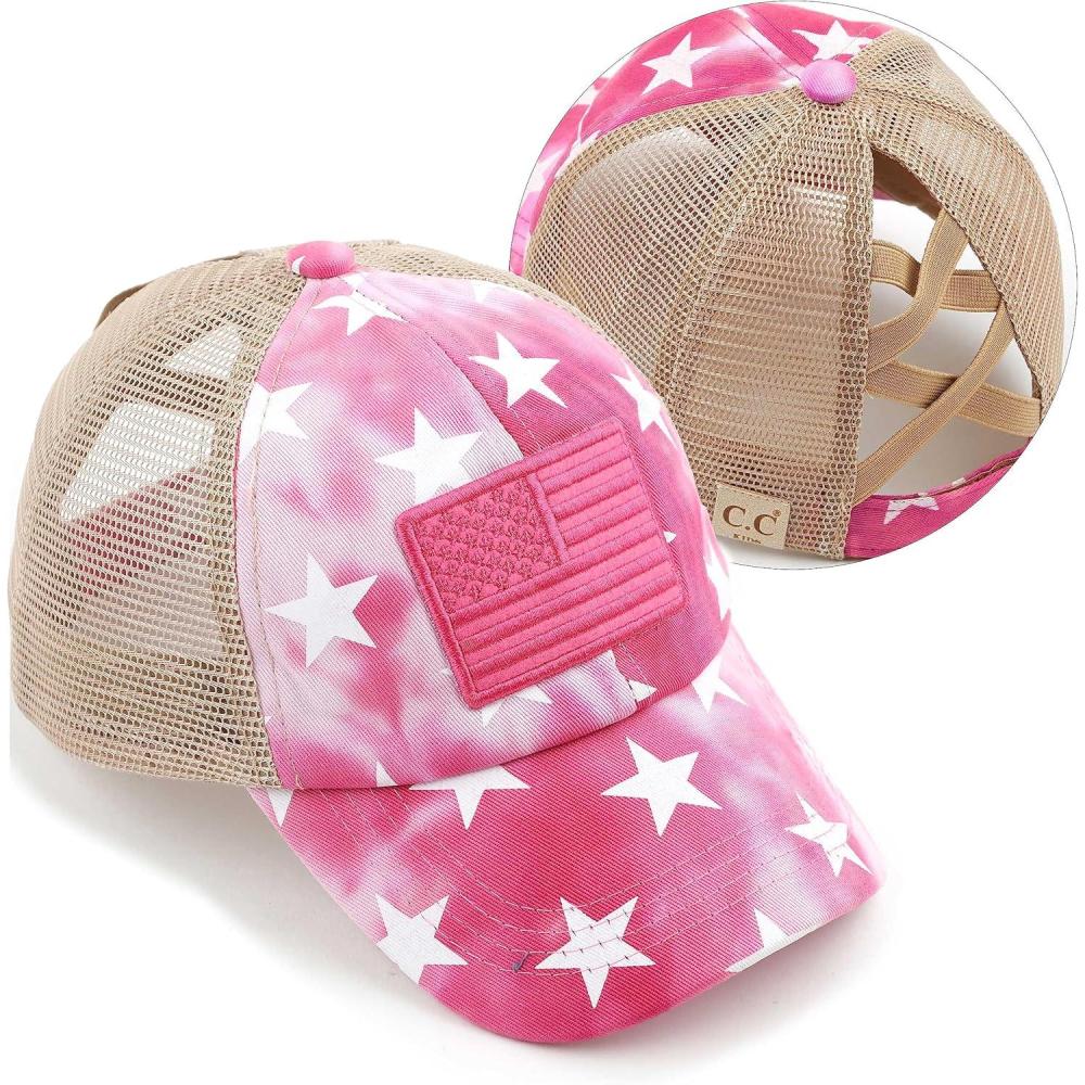 imageCC Kids CrissCross Elastic Band Distressed Star Print Pony Cap for Kids KIDSBT933Hot Pink