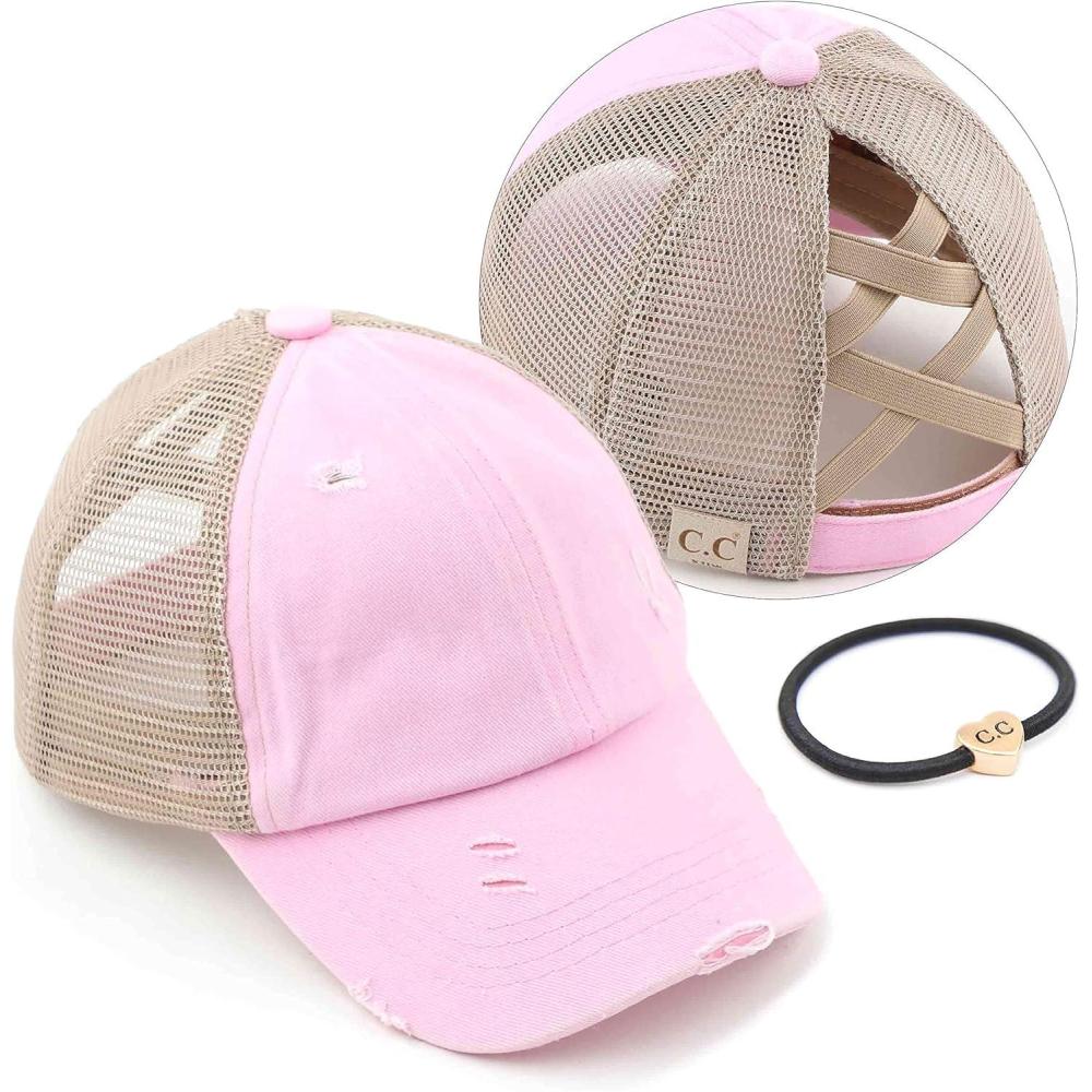 imageCC Kids CrissCross Elastic Band Ponytail Caps Messy Buns Trucker Plain Baseball Cap KIDSBT780Baby Pink