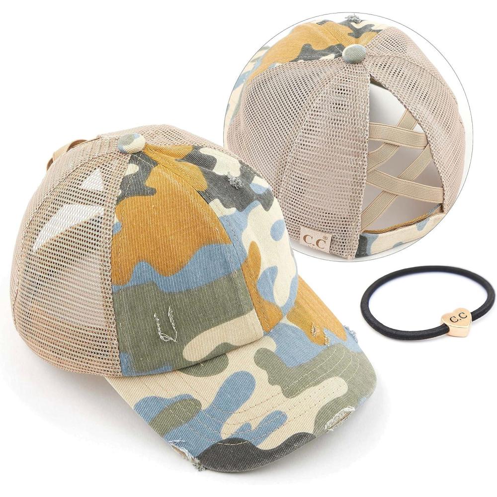 imageCC Kids CrissCross Elastic Band Ponytail Caps Messy Buns Trucker Plain Baseball Cap KIDSBT780Camobeige