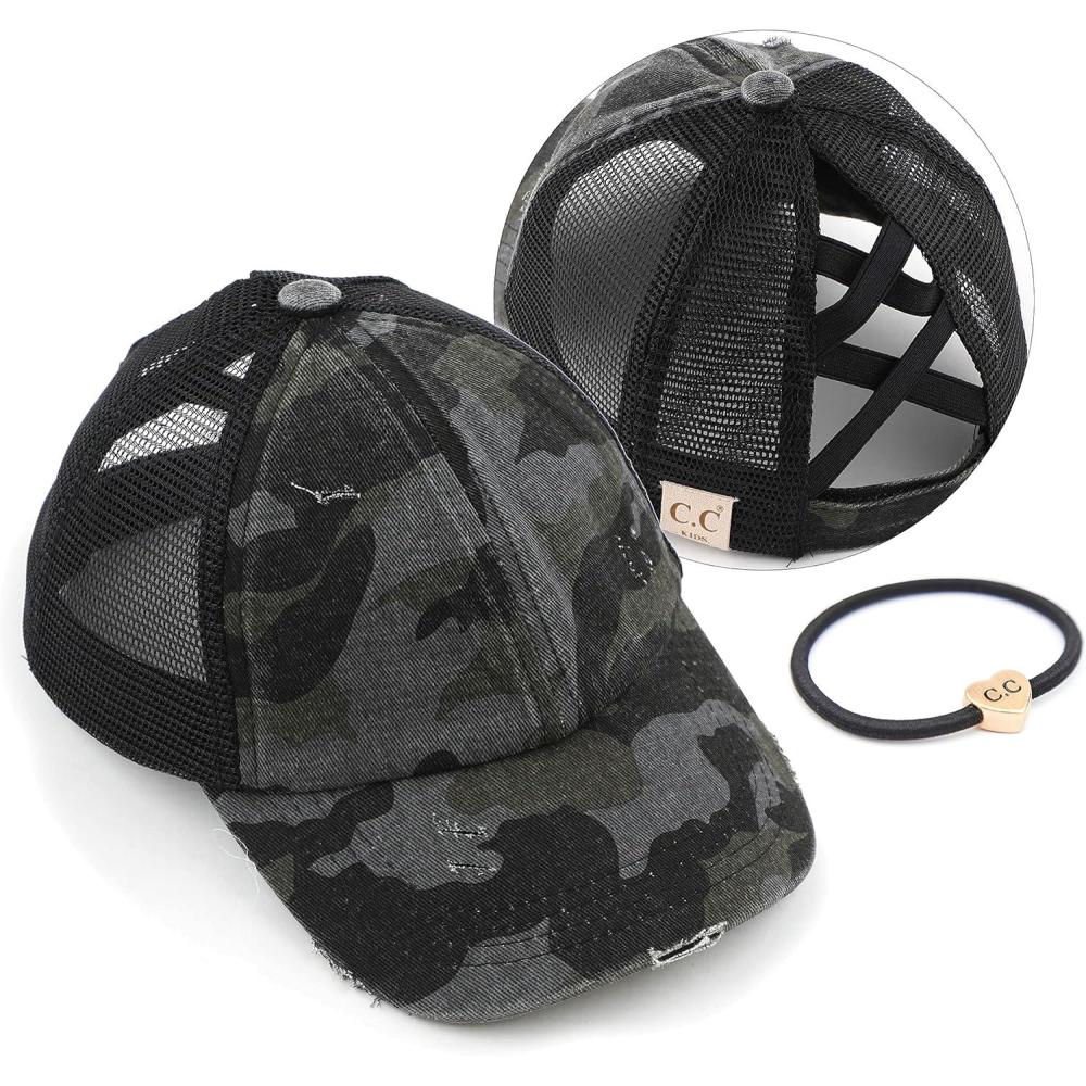 imageCC Kids CrissCross Elastic Band Ponytail Caps Messy Buns Trucker Plain Baseball Cap KIDSBT780Camoblack