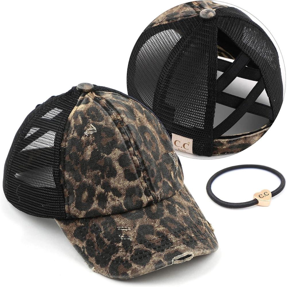 imageCC Kids CrissCross Elastic Band Ponytail Caps Messy Buns Trucker Plain Baseball Cap KIDSBT780Leopard