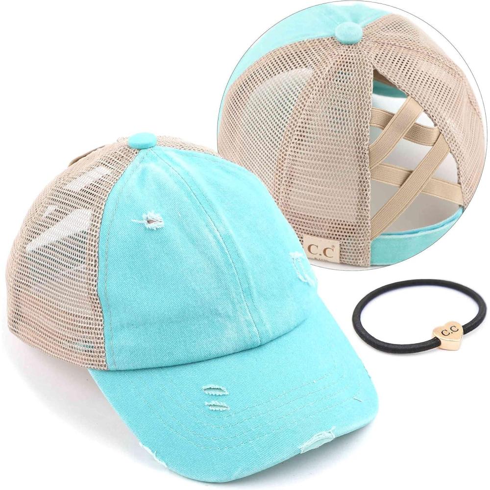 imageCC Kids CrissCross Elastic Band Ponytail Caps Messy Buns Trucker Plain Baseball Cap KIDSBT780Mint