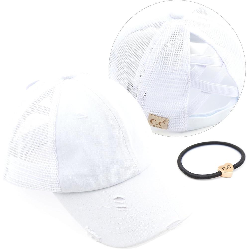 imageCC Kids CrissCross Elastic Band Ponytail Caps Messy Buns Trucker Plain Baseball Cap KIDSBT780White