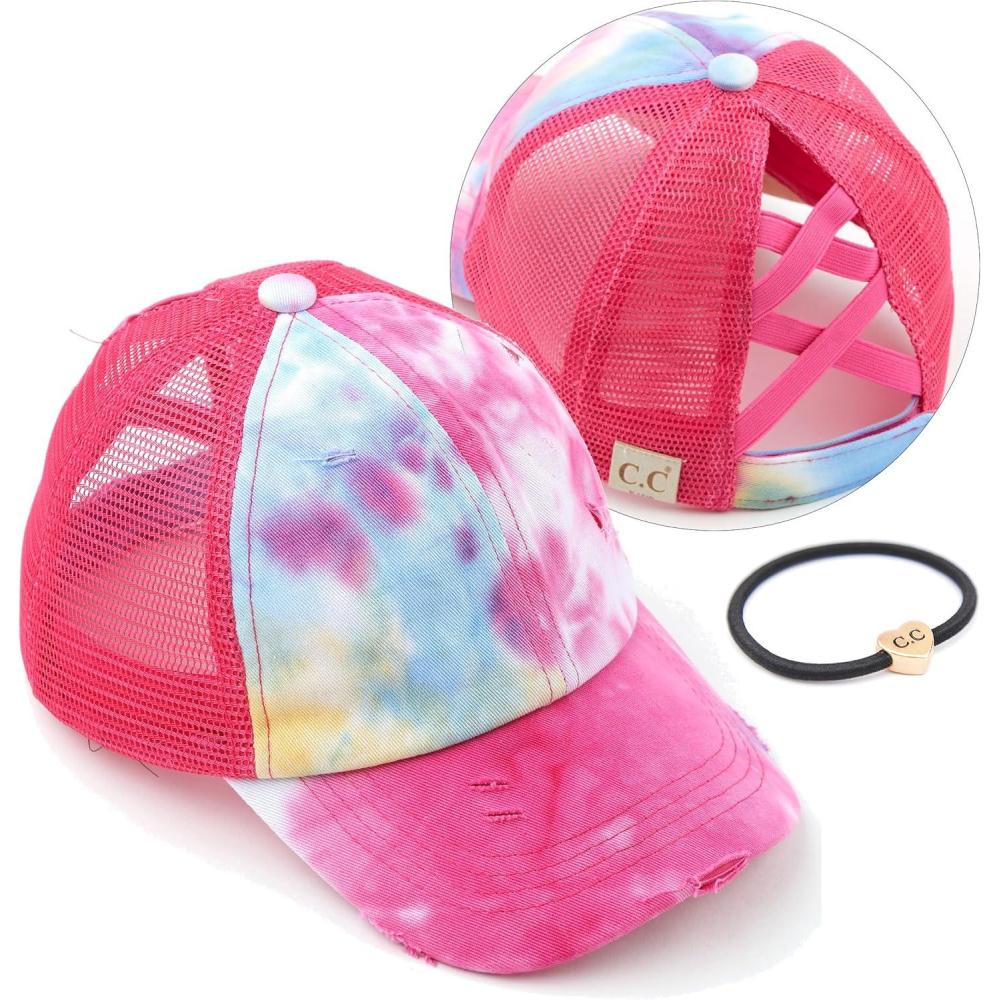 imageCC Kids CrissCross Elastic Band Ponytail Caps Messy Buns Trucker Plain Baseball Cap KIDSBT791Hot Pink