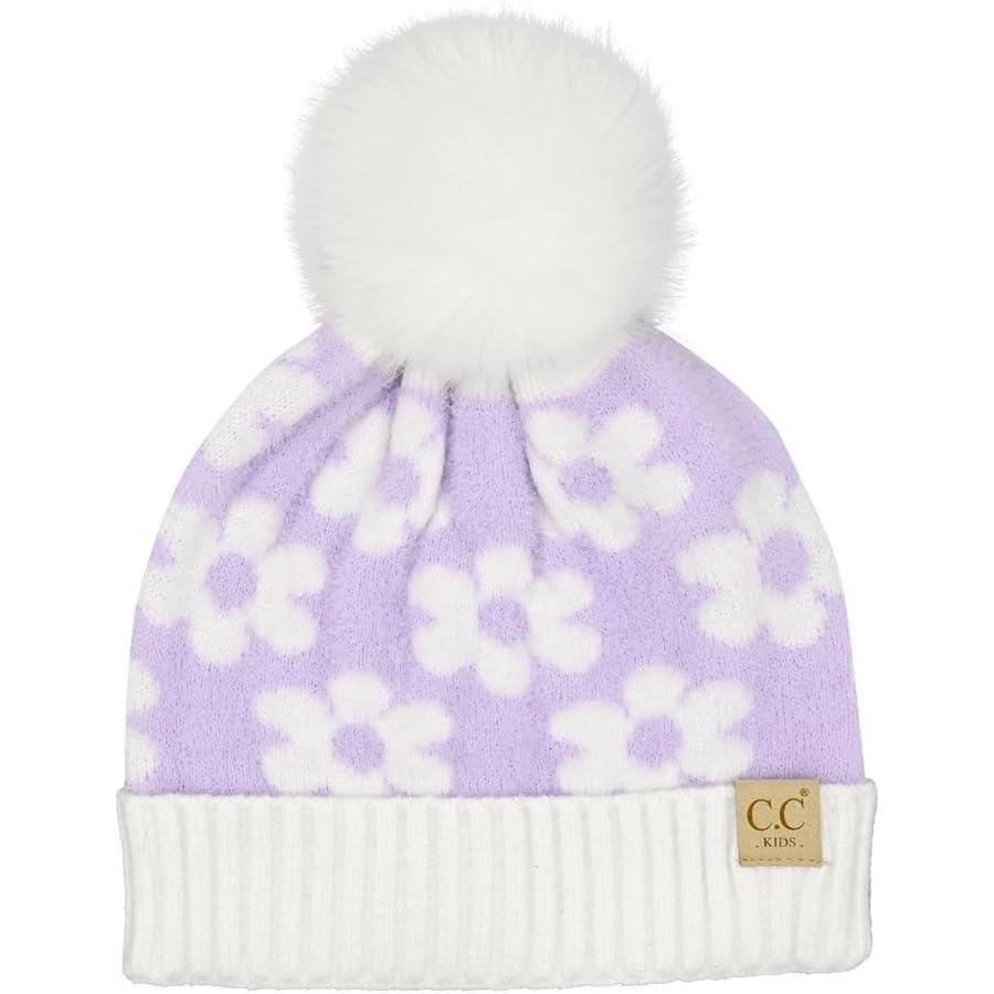 imageCC Kids Daisy Fur Pom Beanie for Boys Girls  Comfortable Soft Warm Children Youth Knit Skully Hat with Faux PomLavender