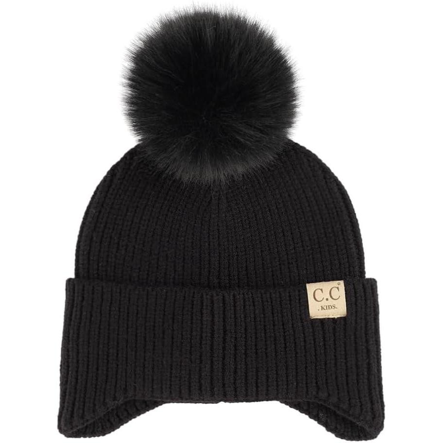 imageCC Kids Ear Flap Fur Pom Beanie for Boys Girls  Comfortable Soft Warm Children Youth Knit Skully Hat with Faux Fur PomBlack