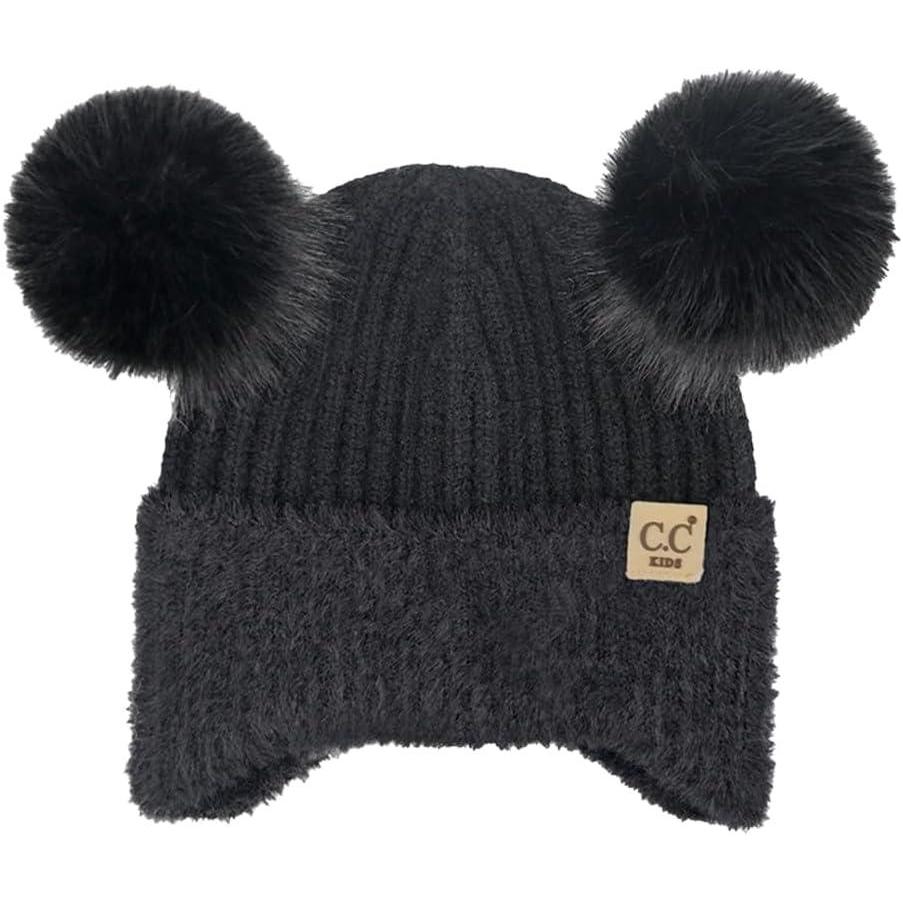 imageCC Kids Ear Flap Fur Pom Beanie for Boys Girls  Comfortable Soft Warm Children Youth Knit Skully Hat with Faux Fur PomDouble Pom  Black