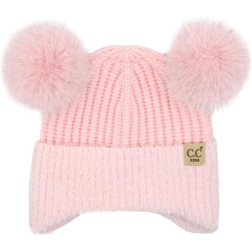 imageCC Kids Ear Flap Fur Pom Beanie for Boys Girls  Comfortable Soft Warm Children Youth Knit Skully Hat with Faux Fur PomDouble Pom  Pink