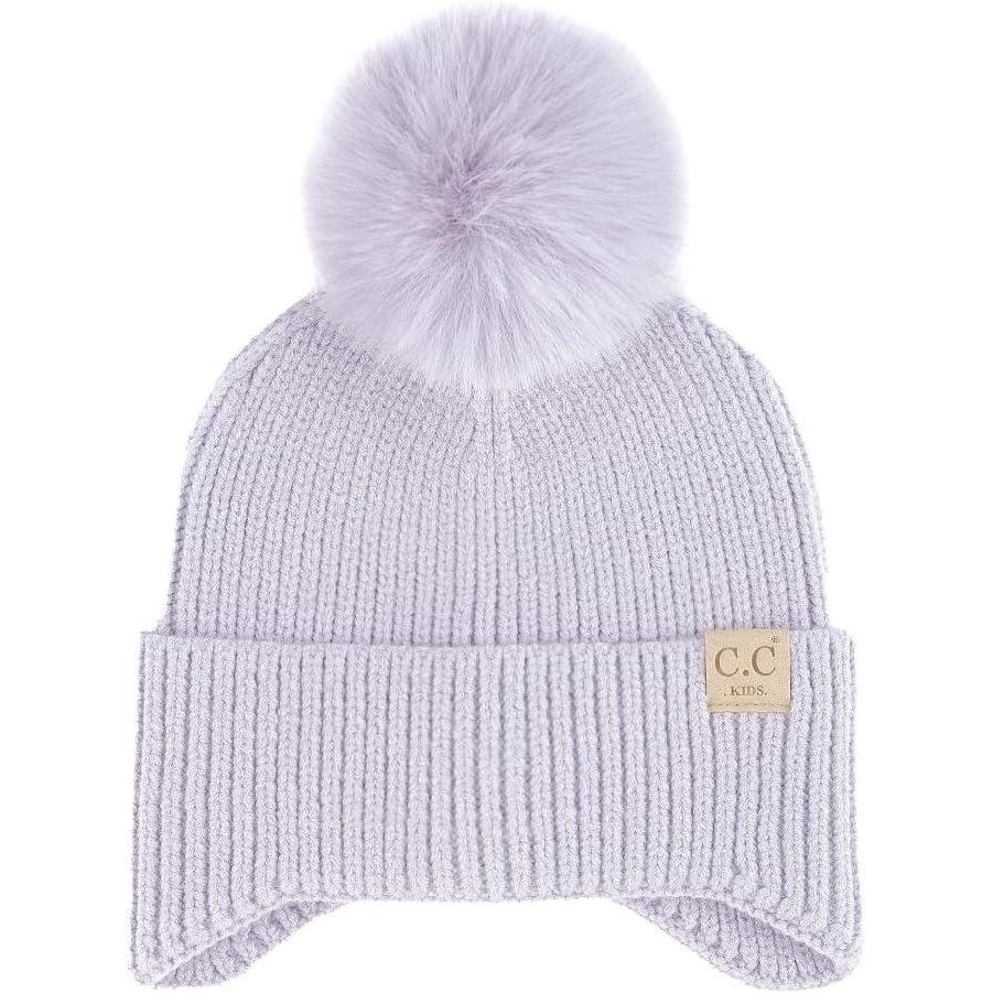 imageCC Kids Ear Flap Fur Pom Beanie for Boys Girls  Comfortable Soft Warm Children Youth Knit Skully Hat with Faux Fur PomLavender