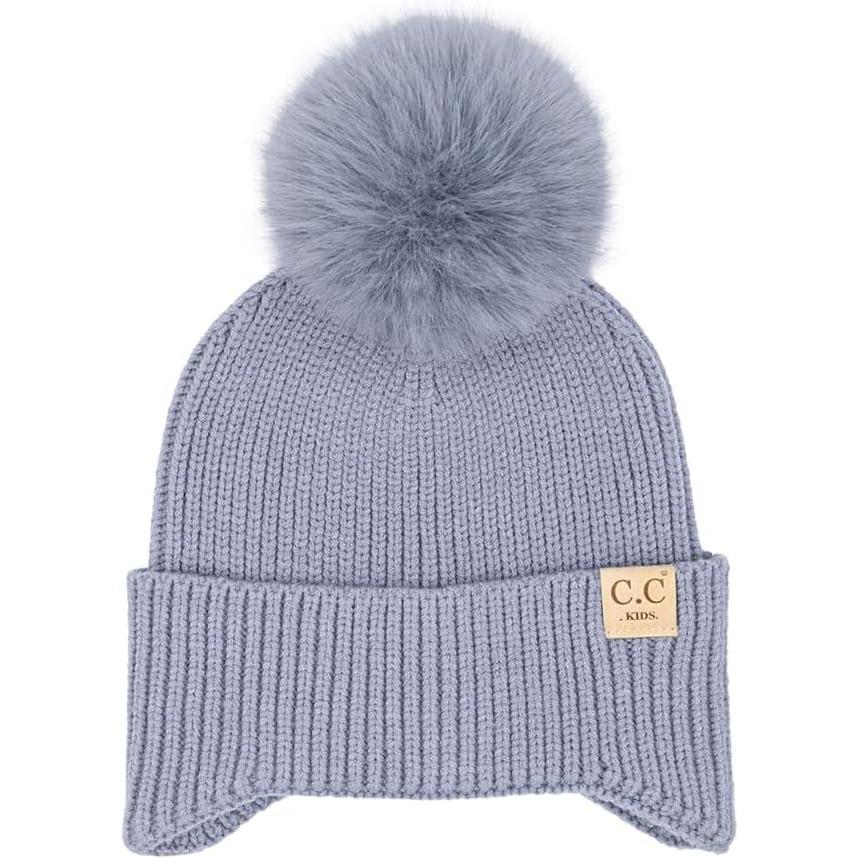 imageCC Kids Ear Flap Fur Pom Beanie for Boys Girls  Comfortable Soft Warm Children Youth Knit Skully Hat with Faux Fur PomSingle Pom  Ice Blue