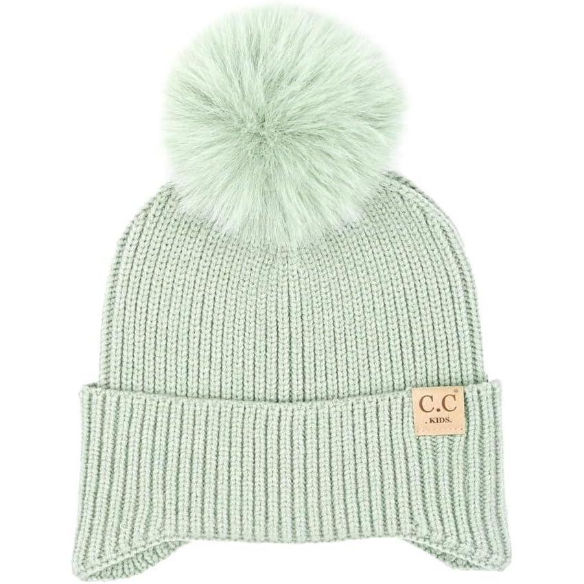 imageCC Kids Ear Flap Fur Pom Beanie for Boys Girls  Comfortable Soft Warm Children Youth Knit Skully Hat with Faux Fur PomSingle Pom  Sage