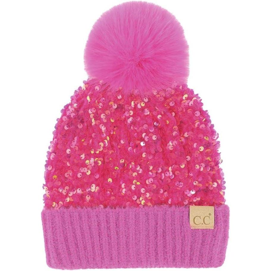 imageCC Kids Sequin Fur Pom Beanie for Boys Girls  Comfortable Soft Warm Children Youth Knit Skully Hat with Faux Fur PomHot Pink