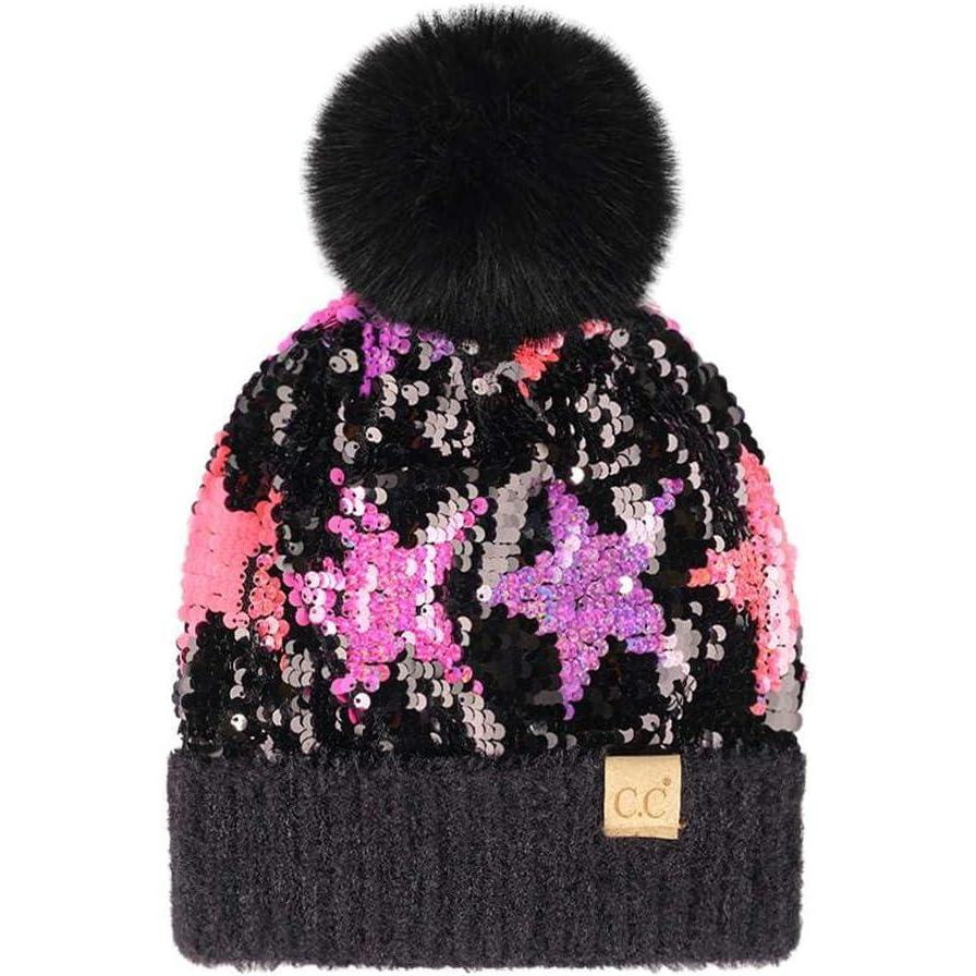 imageCC Kids Sequin Fur Pom Beanie for Boys Girls  Comfortable Soft Warm Children Youth Knit Skully Hat with Faux Fur PomMulti Star 2