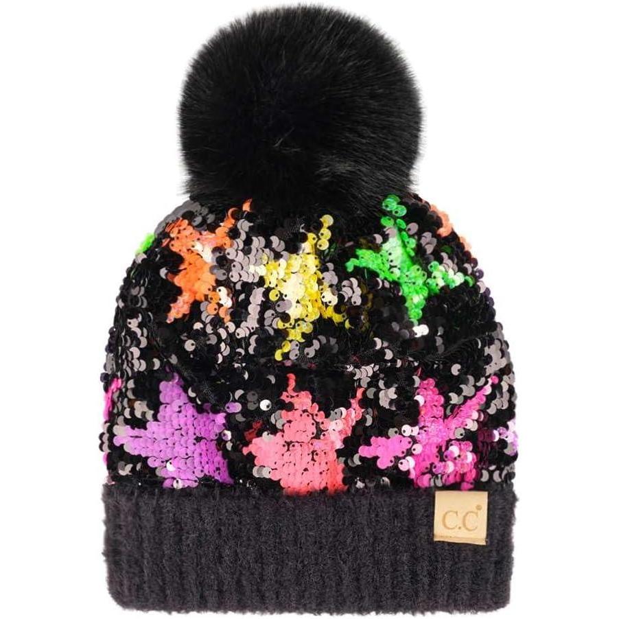imageCC Kids Sequin Fur Pom Beanie for Boys Girls  Comfortable Soft Warm Children Youth Knit Skully Hat with Faux Fur PomMulti Star 4