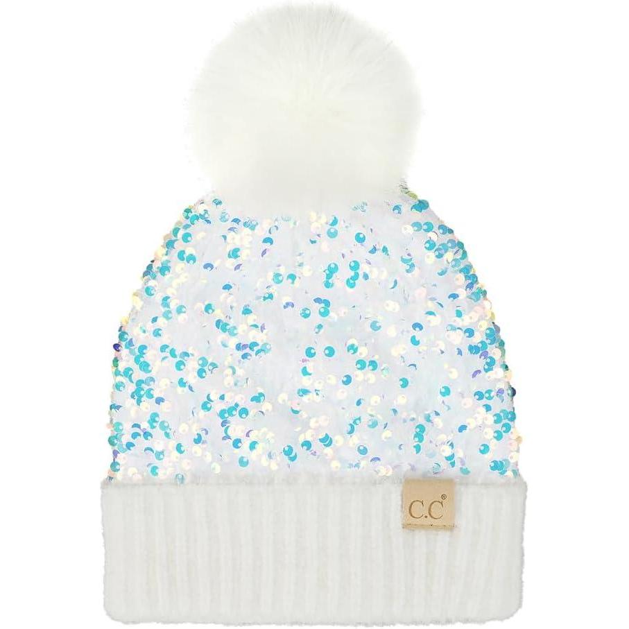 imageCC Kids Sequin Fur Pom Beanie for Boys Girls  Comfortable Soft Warm Children Youth Knit Skully Hat with Faux Fur PomWhite