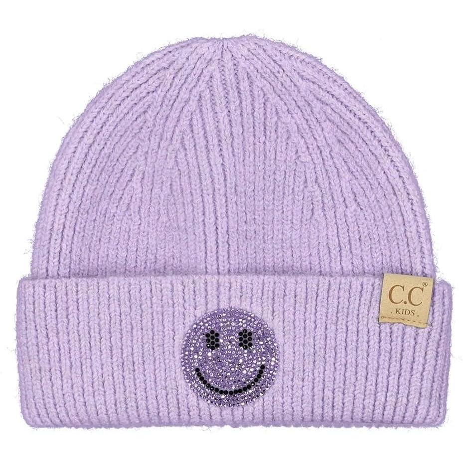 imageCC Kids Smile Face Rhinestone Beanie for Boys Girls  Recycled Yarn Comfortable Soft Warm Children Youth Knit Skully HatLavender